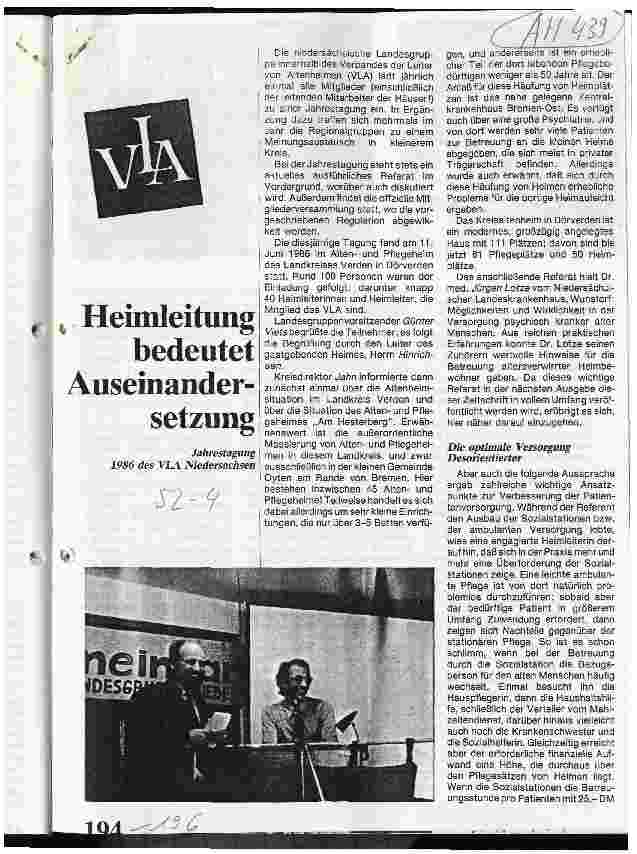 Vorschauseite 1: Heimleitung bedeutet Auseinandersetzung Jahrestagung 1986 des VLA Niedersachsen