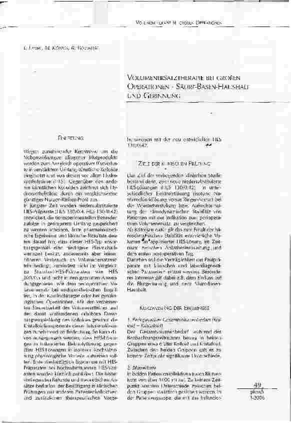 Vorschauseite 1: VOLUMENERSATZTHERAPIE BEI GROSSEN OPERATIONEN - SÄURE-BASEN-HAUSHALT UND GERINNUNG