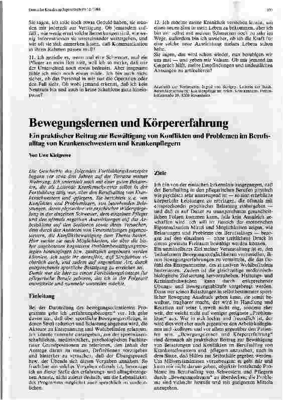 Vorschauseite 1: Bewegungslernen und Körpererfahrung Ein praktischer Beitrag zur Bewältigung von Konflikten und Problemen im Berufsalltag von Schwester/Pflegern
