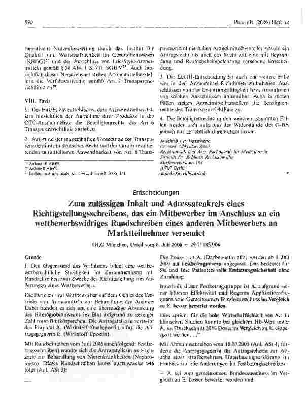 Vorschauseite 1: Zum zulässigen Inhalt und Adressatenkreis einesRichtigstellungsschreibens, das ein Mitbewerber im Anschluss an ein wettbewerbswidriges Rundschreiben eines anderen Mitbewerbers an…