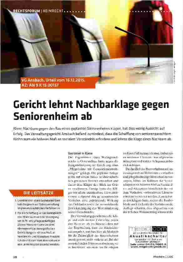 Vorschauseite 1: Gericht lehnt Nachbarklage gegen Seniorenheim ab