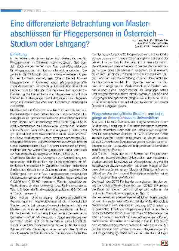 Vorschauseite 1: Eine differenzierte Betrachtung von Masterabschlüssen für Pflegepersonen in Österreich Studium oder Lehrgang?