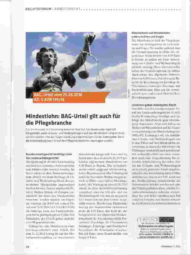 Vorschauseite 1: Mindestlohn: BAG-Urteil gilt auch für die Pflegebranche
