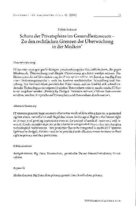 Vorschauseite 1: Schutz der Privatsphäre im Gesundheitswesen - Zu den rechtlichen Grenzen der Überwachungin der Medizin