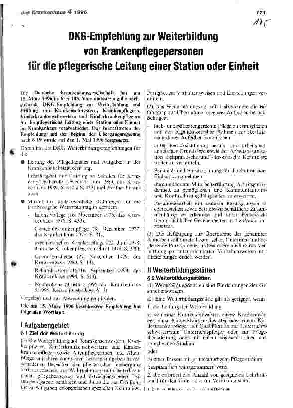 Vorschauseite 1: DKG-Empfehlung zur Weiterbildung von Krankenpflegepersonen für die pflegerische Leitung einer Station oder Einheit