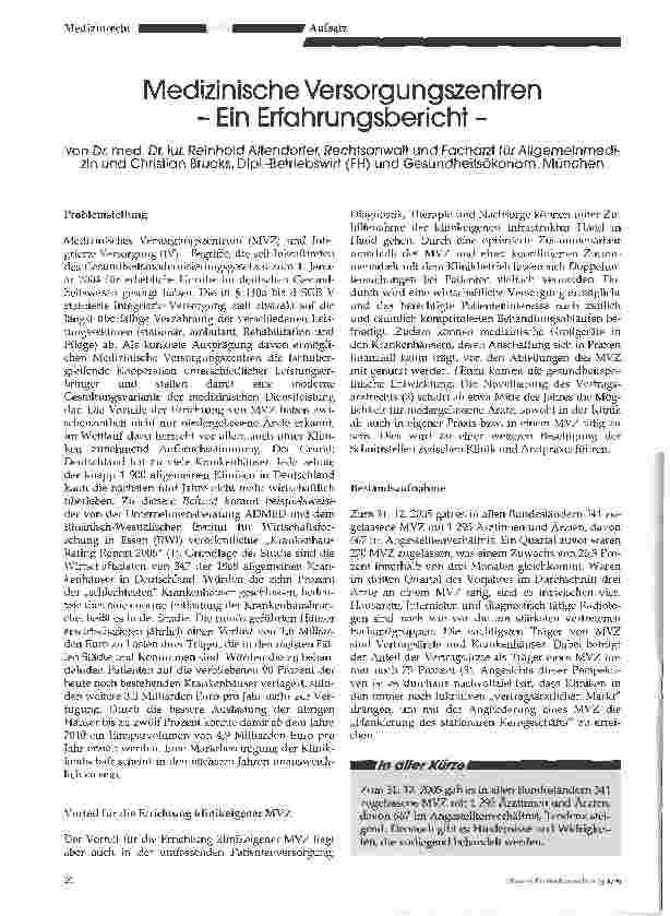 Vorschauseite 1: Medizinische Versorgungszentren - Ein Erfahrungsbericht -