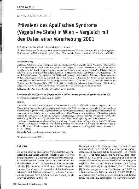 Vorschauseite 1: Prävalenz des Apallischen Syndroms (Vegetative State) in Wien - Vergleich mit den Daten einer Vorerhebung 2001