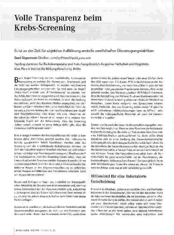 Vorschauseite 1: Volle Transparenz beim Krebs-Screening