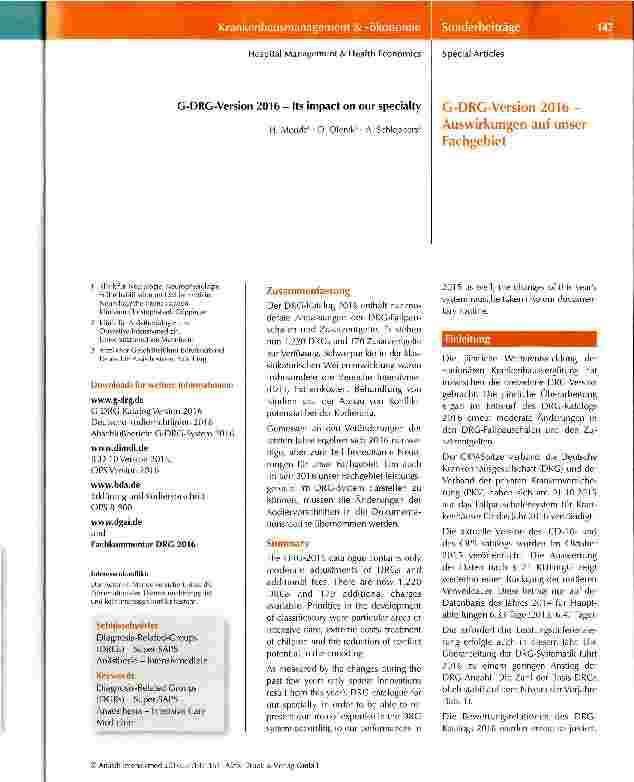 Vorschauseite 1: G-DRG-Version 2016-Auswirkungen auf unser Fachgebiet