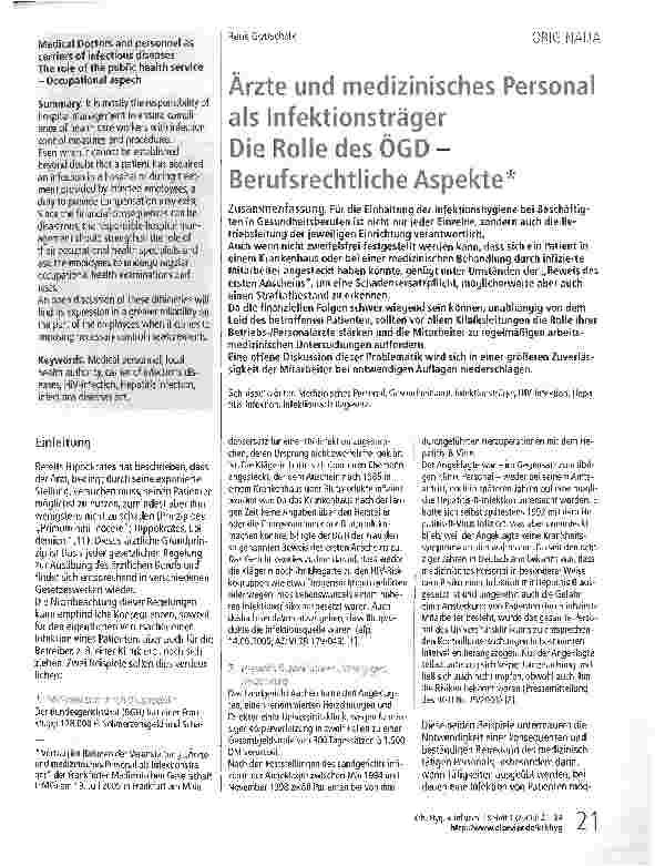 Vorschauseite 1: Ärzte und medizinisches Personal als Infektionsträger Die Rolle des ÖGD-Berufsrechtliche Aspekte