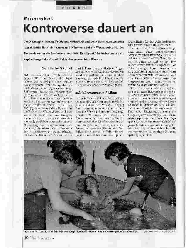 Vorschauseite 1: Wassergeburt - Kontroverse dauert an
