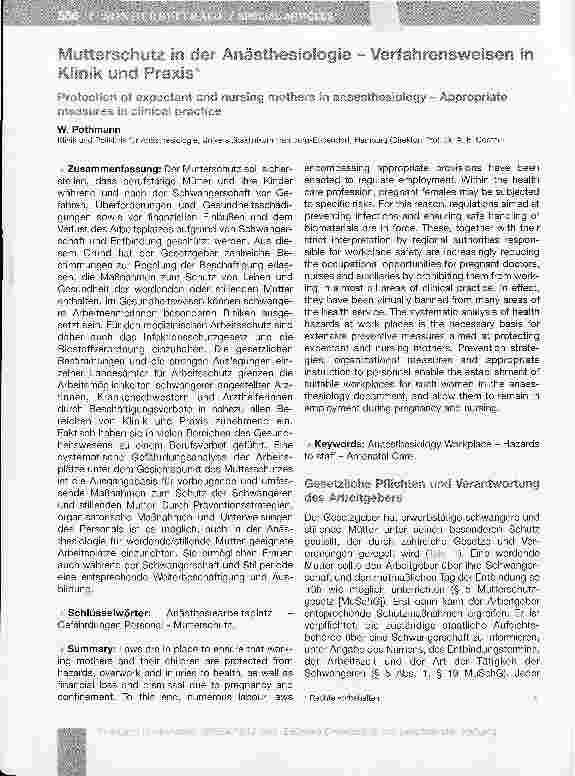 Vorschauseite 1: Mutterschutz in der Anästhesiologie - Verfahrensweisen inKlinik und Praxis