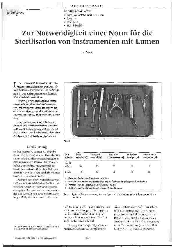 Vorschauseite 1: Zur Notwendigkeit einer Norm für die Sterilisation von Instrumenten mit Lumen