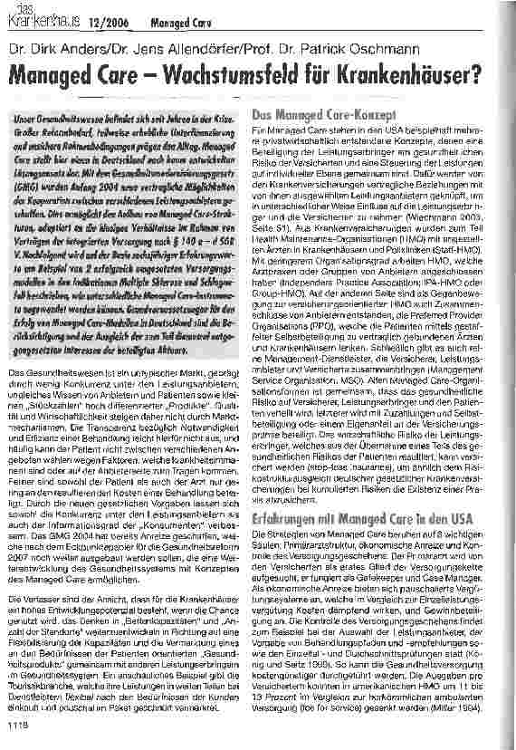 Vorschauseite 1: Managed Care - Wachstumsfeld für Krankenhäuser?