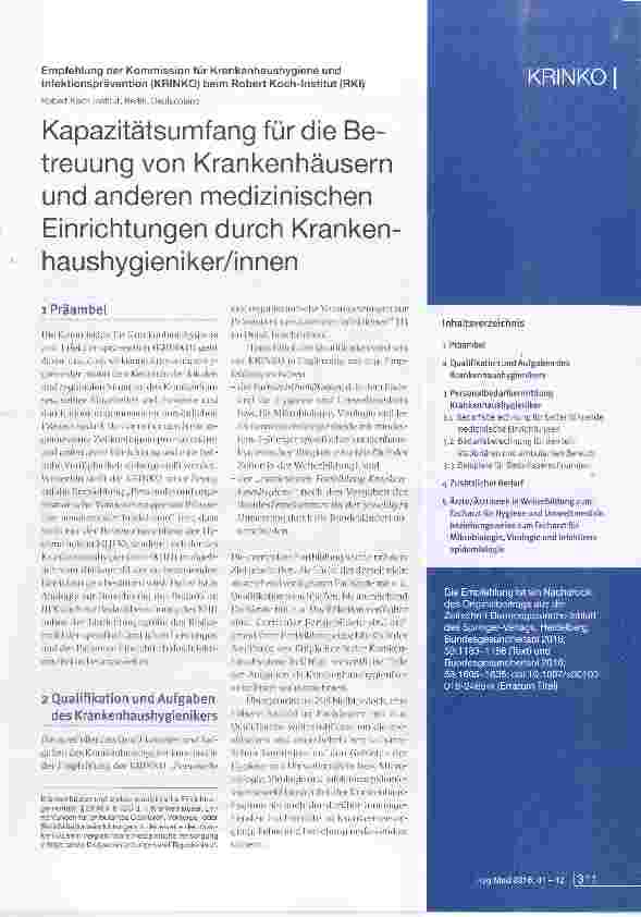 Vorschauseite 1: Kapazitätsumfang für die Betreuung von Krankenhäusern und anderen medizinischen Einrichtungen durch Krankenhaushygieniker/innen
