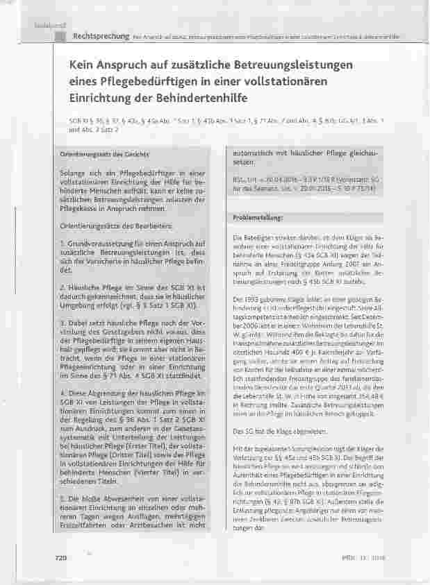 Vorschauseite 1: Kein Anspruch auf zusätzliche Betreuungsleistungen eines Pflegebedürftigen in einer vollstationären Einrichtung der Behindertenhilfe