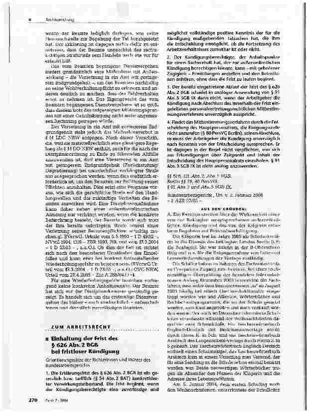 Vorschauseite 1: ZUM ARBEITSRECHTEinhaltung der Frist des §626 Abs. 2 BGB bei fristloser Kündigung