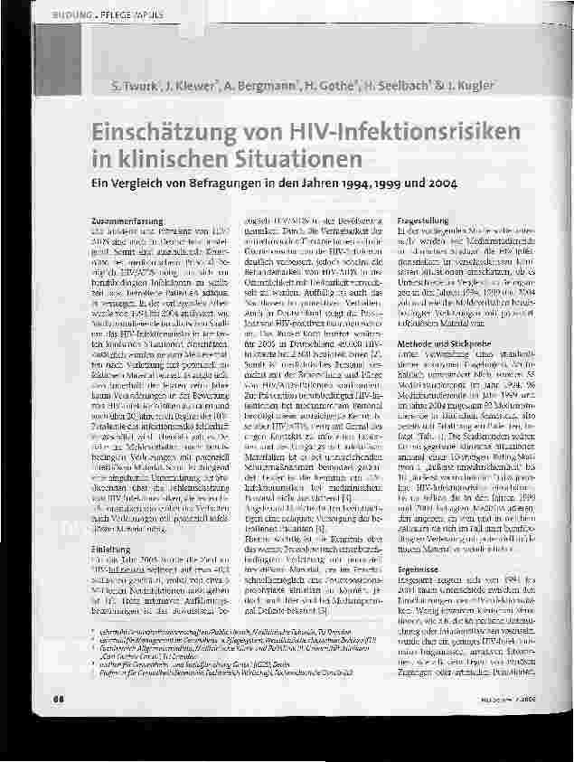 Vorschauseite 1: Einschätzung von HlV-Infektionsrisiken in klinischen Situationen - Ein Vergleich von Befragungen in den Jahren 1994,1999 und 2004