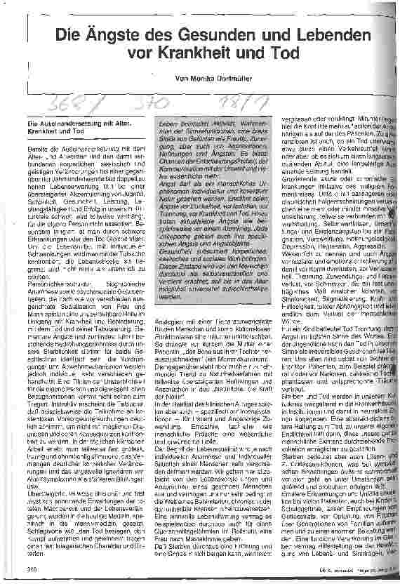 Vorschauseite 1: Die Ängste des gesunden und lebenden vor Krankheit und Tod