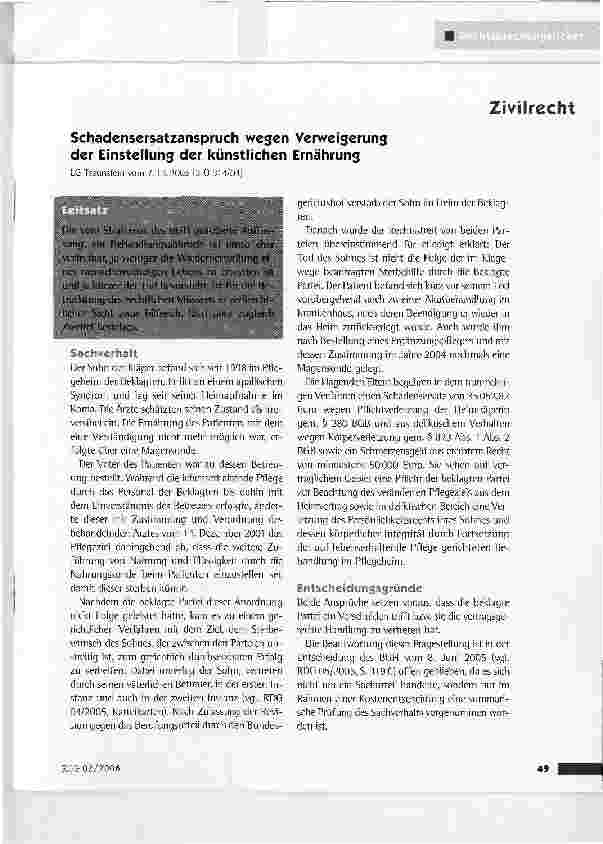 Vorschauseite 1: Schadensersatzanspruch wegen Verweigerung der Einstellung der künstlichen ErnährungLG Traunstein vom 7.12.2005 (3 0 314/04)