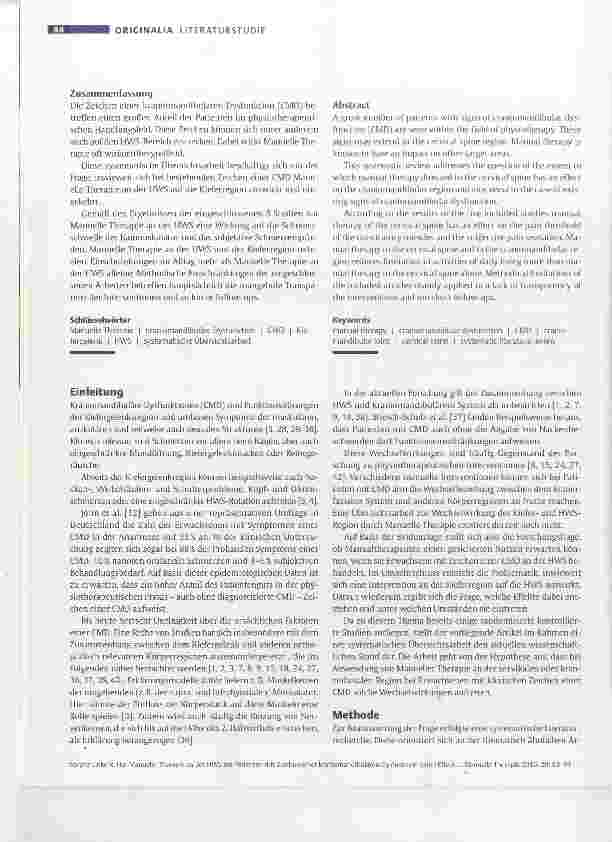 Vorschauseite 2: Hat Manuelle Therapie an der HWS bei Patienten mit Zeichen einer kraniomandibulären Dysfunktion einen Effekt auf das Kausystem und umgekehrt?