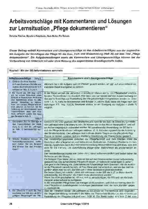 Vorschauseite 1: Arbeitsvorschläge mit Kommentaren und Lösungen zur Lernsituation „Pflege dokumentieren