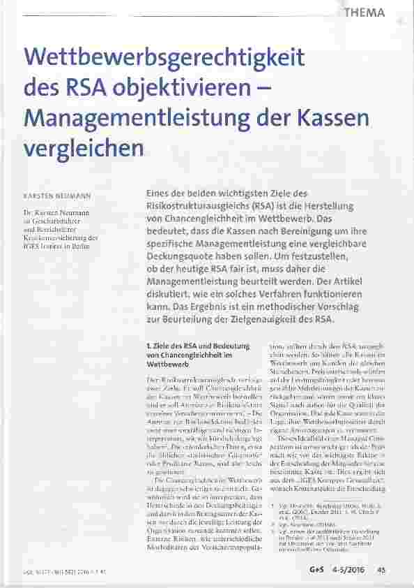 Vorschauseite 1: Wettbewerbsgerechtigköit des RSA objektivieren Managementleistung der Kassen vergleichen
