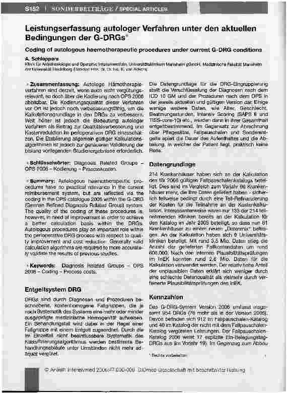 Vorschauseite 1: Leistungserfassung autologer Verfahren unter den aktuellen Bedingungen der G-DRGs