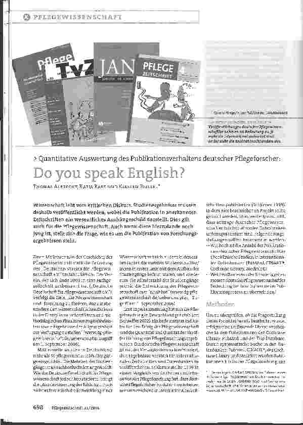 Vorschauseite 1: Quantitative Auswertung des Publikationsverhaltens deutscher Pflegeforscher: Do you speak English?