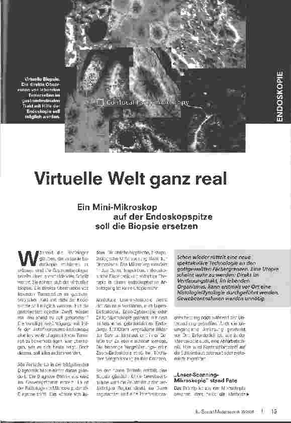 Vorschauseite 1: Virtuelle Welt ganz real - Ein Mini-Mikroskop auf der Endoskopspitze soll die Biopsie ersetzen