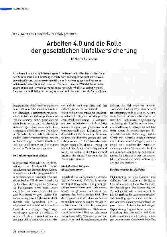 Vorschauseite 1: Arbeiten 4.0 und die Rolle der gesetzlichen Unfallversicherung
