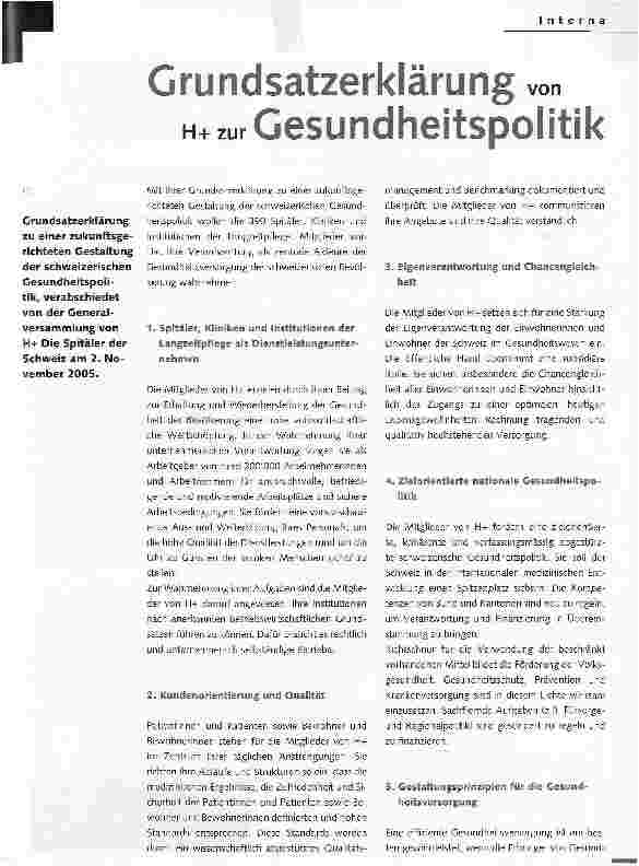 Vorschauseite 1: Grundsatzerklärung von H+ zur Gesundheitspolitik