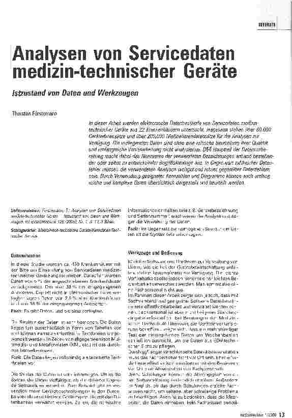 Vorschauseite 1: Analysen von Servicedaten medizin-technischer GeräteIstzustand von Daten und Werkzeugen