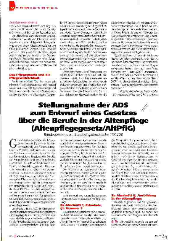 Vorschauseite 1: Stellungnahme der ADS zum Entwurf eines Gesetzes über die Berufe in der Altenpflege (Altenpflegegesetz/ AltPflG)