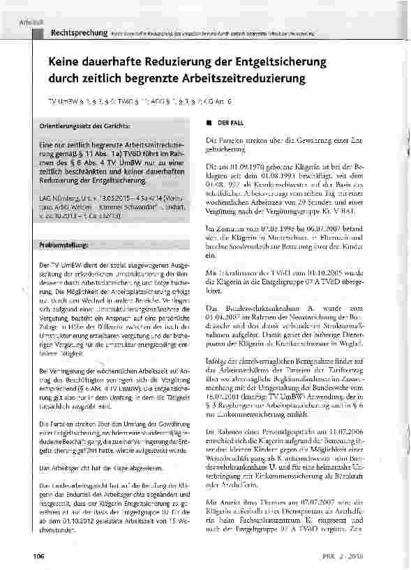 Vorschauseite 1: Keine dauerhafte Reduzierung der Entgeltsicherung durch zeitlich begrenzte Arbeitszeitreduzierung TV UmBW § 1, § 3, § 6; TVÖD § 11; AGG § 1, § 3, § 7; GG Art. 6