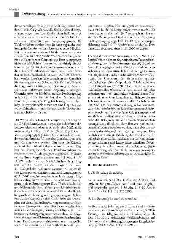 Vorschauseite 3: Keine dauerhafte Reduzierung der Entgeltsicherung durch zeitlich begrenzte Arbeitszeitreduzierung TV UmBW § 1, § 3, § 6; TVÖD § 11; AGG § 1, § 3, § 7; GG Art. 6