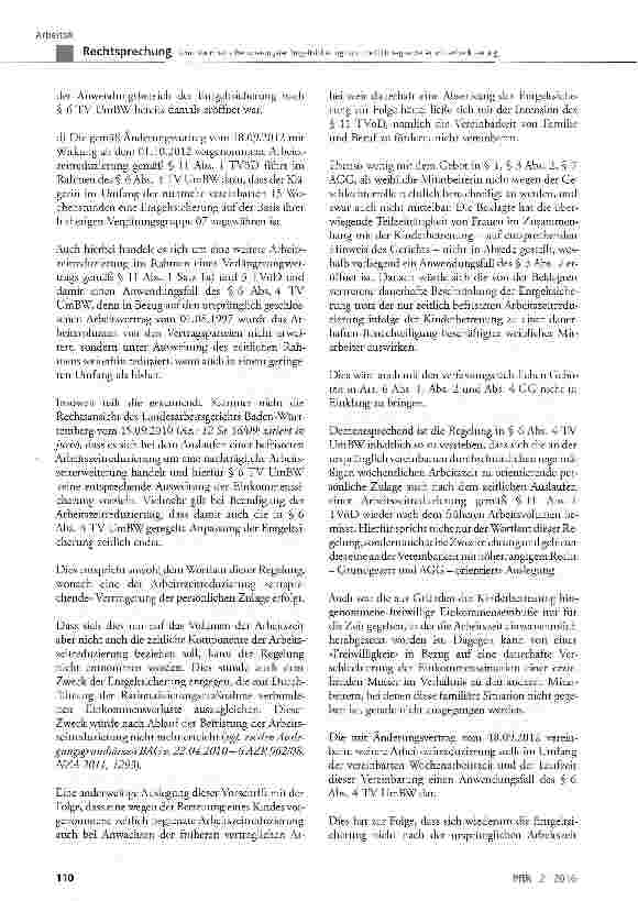 Vorschauseite 5: Keine dauerhafte Reduzierung der Entgeltsicherung durch zeitlich begrenzte Arbeitszeitreduzierung TV UmBW § 1, § 3, § 6; TVÖD § 11; AGG § 1, § 3, § 7; GG Art. 6
