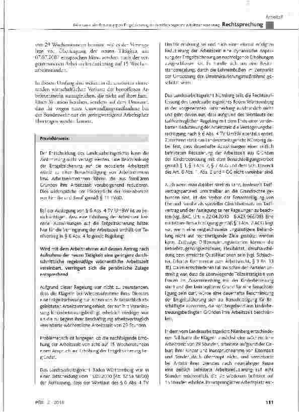 Vorschauseite 6: Keine dauerhafte Reduzierung der Entgeltsicherung durch zeitlich begrenzte Arbeitszeitreduzierung TV UmBW § 1, § 3, § 6; TVÖD § 11; AGG § 1, § 3, § 7; GG Art. 6
