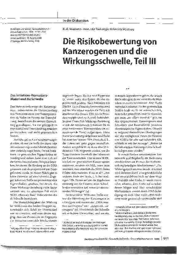 Vorschauseite 1: Die Risikobewertung von Kanzerogenen und die Wirkungsschwelle, Teil