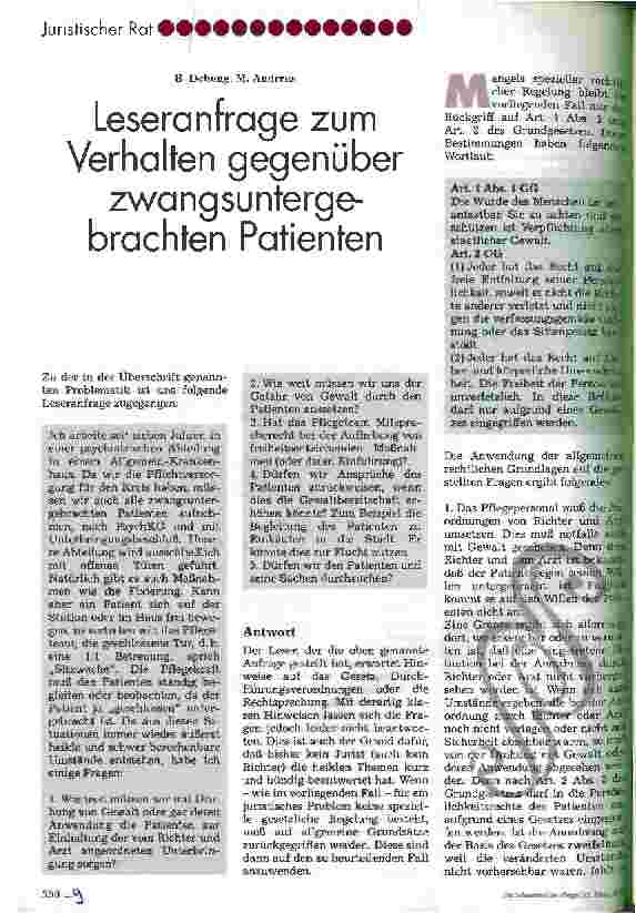 Vorschauseite 1: Leseranfrage zum Verhalten gegenüber zwangsuntergebrachten Patienten