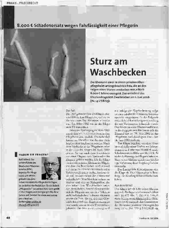 Vorschauseite 1: 8.OOO € Schadenersatz wegen Fahrlässigkeit einer Pflegerin Sturz am Waschbecken