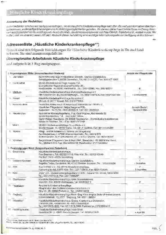 Vorschauseite 1: Adressenliste Häusliche Kinderkrankenpflege