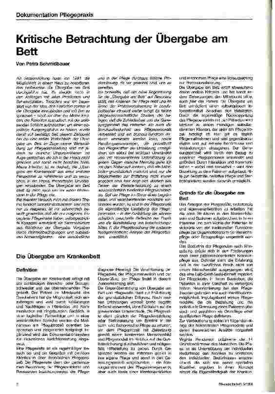 Vorschauseite 1: Kritische Betrachtung der Übergabe am Bett Pflegepraxis