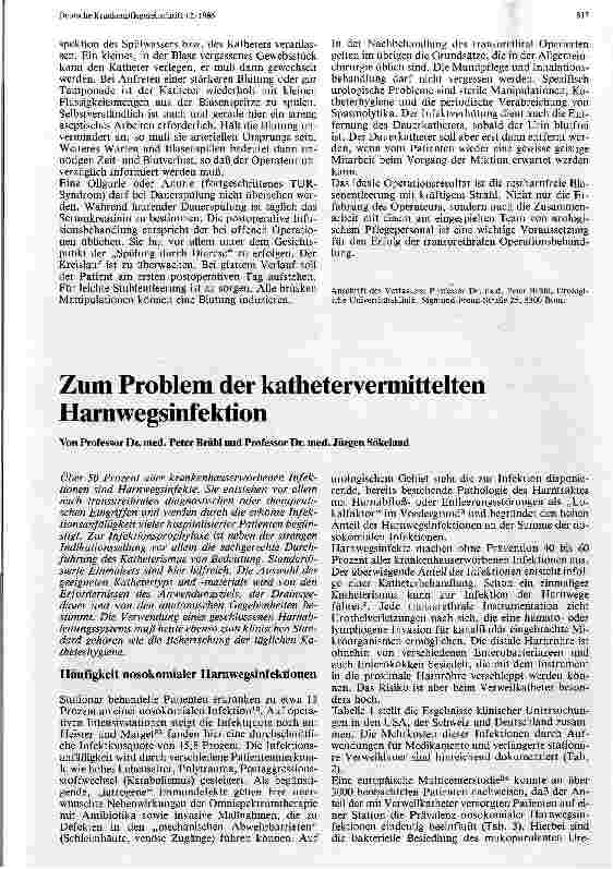 Vorschauseite 1: Zum Problem der kathetervermittelten Harnweginfektionen