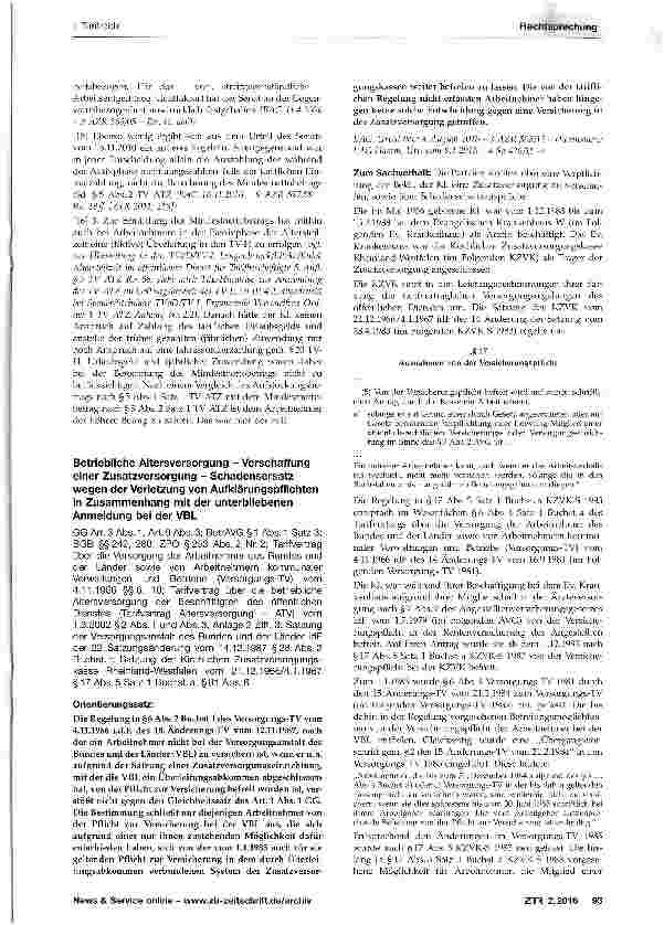 Vorschauseite 1: Betriebliche Altersversorgung - Verschaffung einer Zusatzversorgung - Schadensersatz wegen der Verletzung von Aufklärungspflichten in Zusammenhang mit der unterbliebenen Anmeldung…