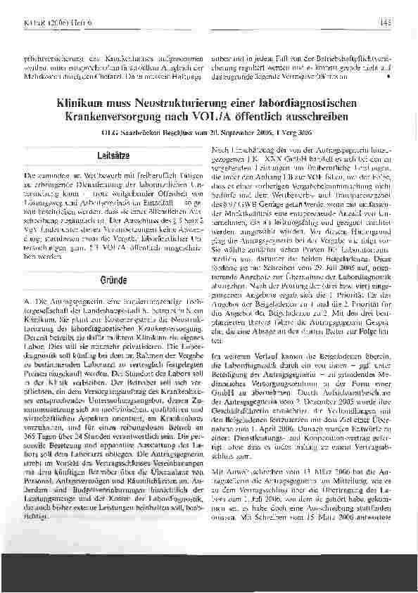 Vorschauseite 1: Klinikum muss Neustrukturierung einer labordiagnostischen Krankenversorgung nach VOL/A öffentlich ausschreiben