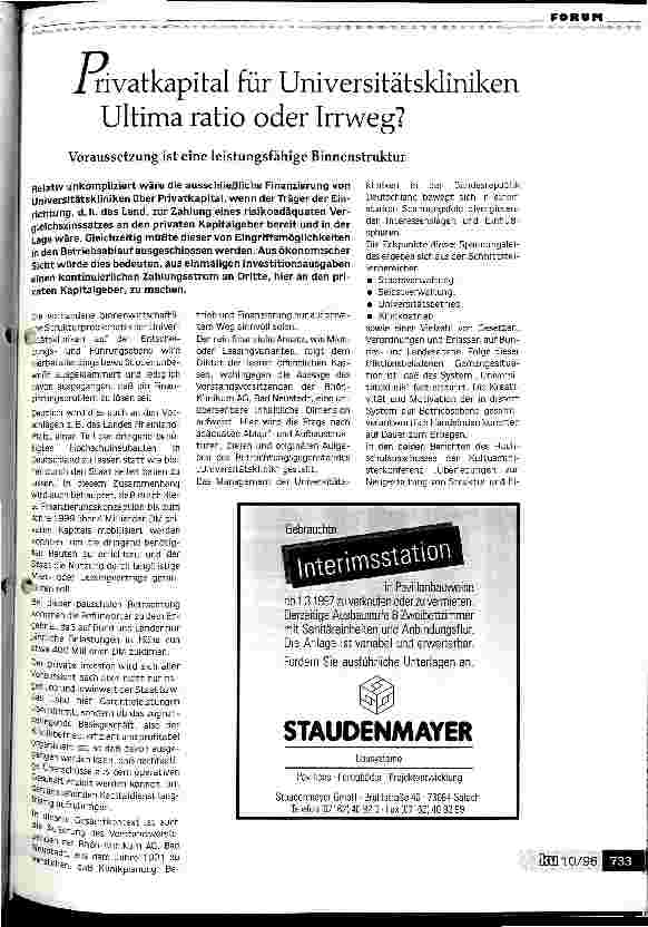Vorschauseite 1: Privatkapital für Universitätskliniken - Ultima ratio oder Irrweg? Voraussetzung ist eine leistungsfähige Binnenstruktur