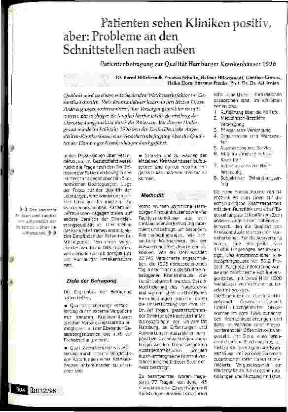 Vorschauseite 1: Patienten sehen Kliniken positiv, aber: Probleme an den Schnittstellen nach außen