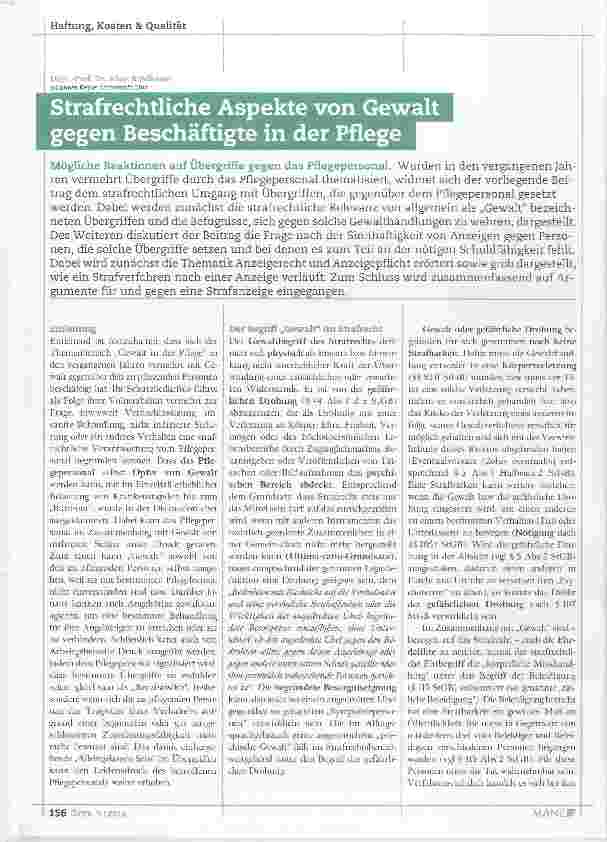 Vorschauseite 1: Strafrechtliche Aspekte von Gewalt gegen Beschäftigte in der Pflege