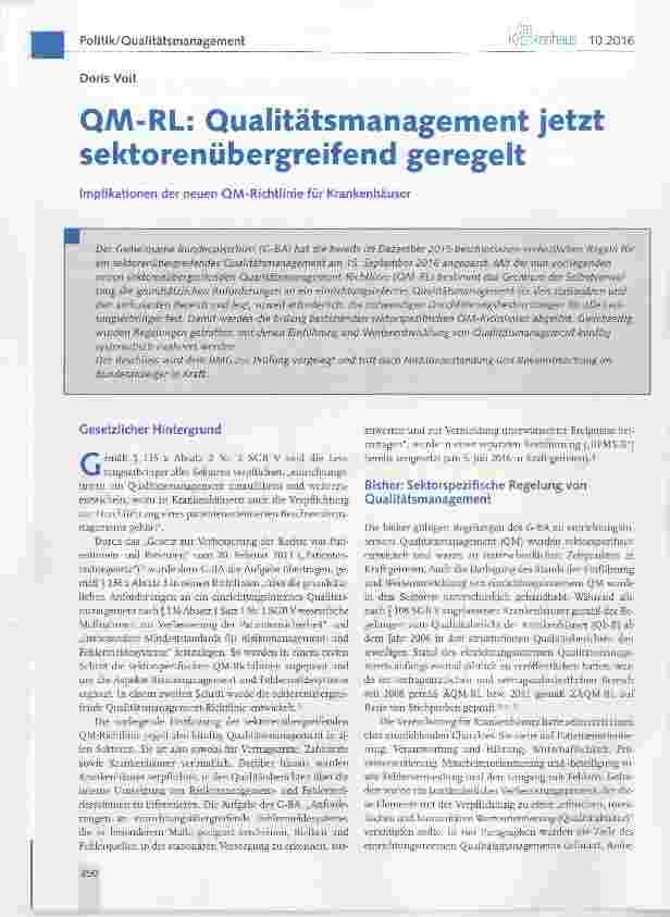 Vorschauseite 1: QM-RL: Qualitätsmanagement jetzt sektorenübergreifend geregelt